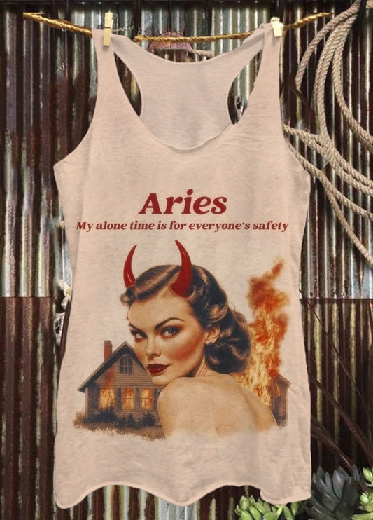 Vintage Aries Constellation Print Casual Tops