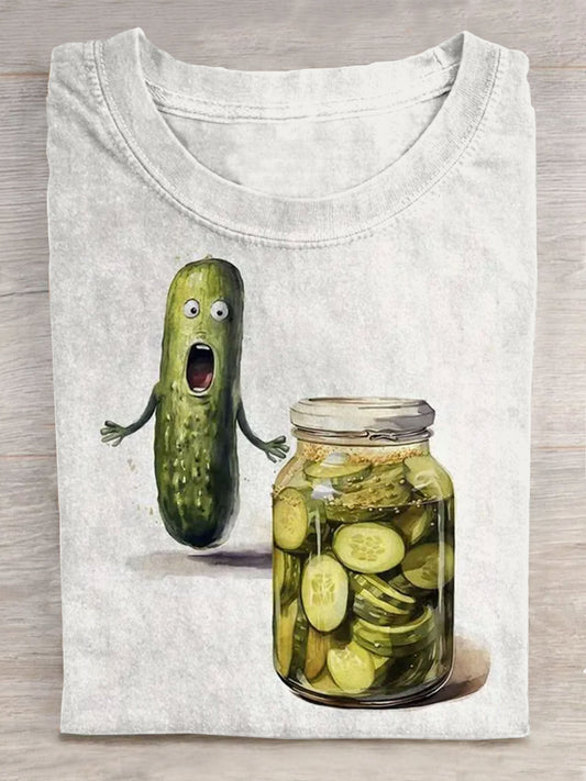 Fun Pickle Watercolor Art Printed Casual T-shirt